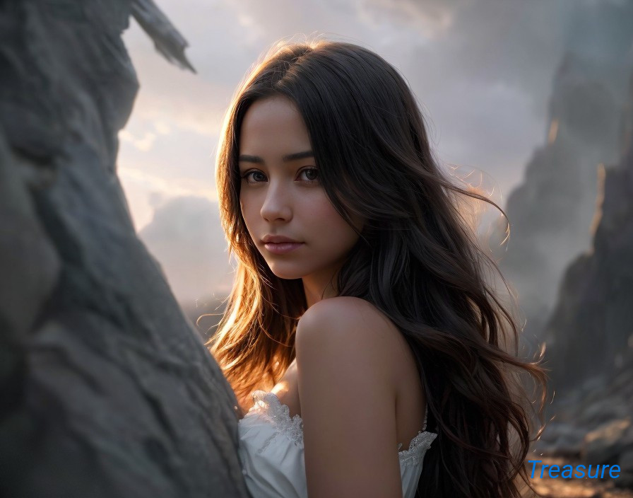 Woman with Long Hair in Misty Rocky Landscape at Sunset