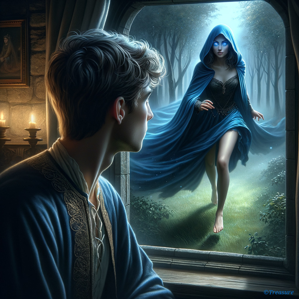 Young Man Observing Mysterious Woman in Blue Cloak