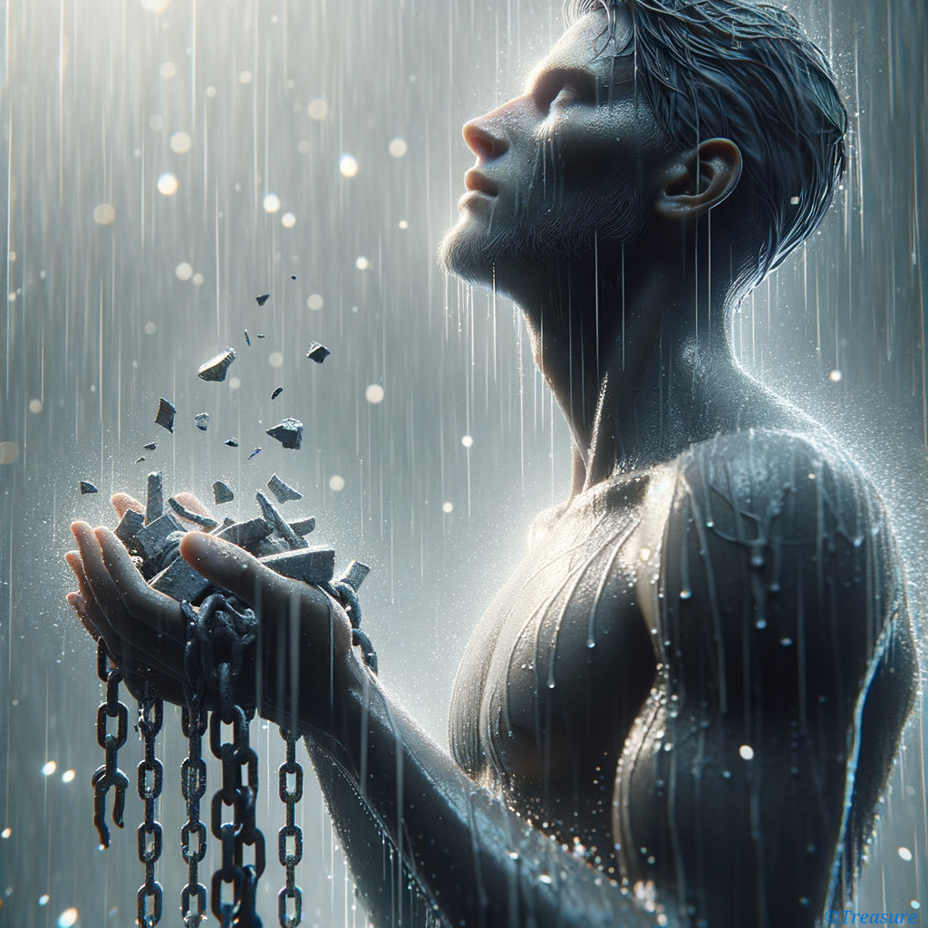 Muscular Figure in Rain Holding Shattered Chains