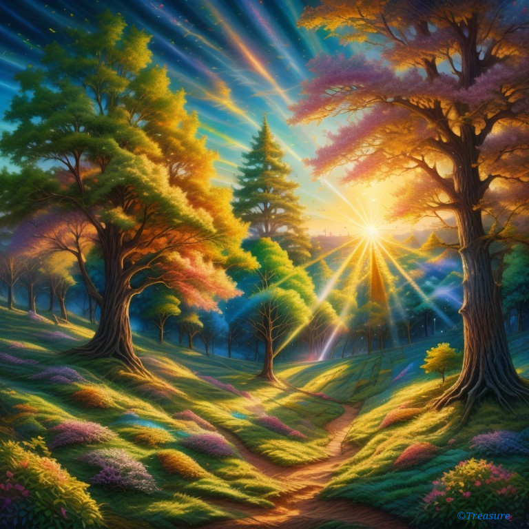 Vibrant Forest with Sunlight and Blooming Flowers