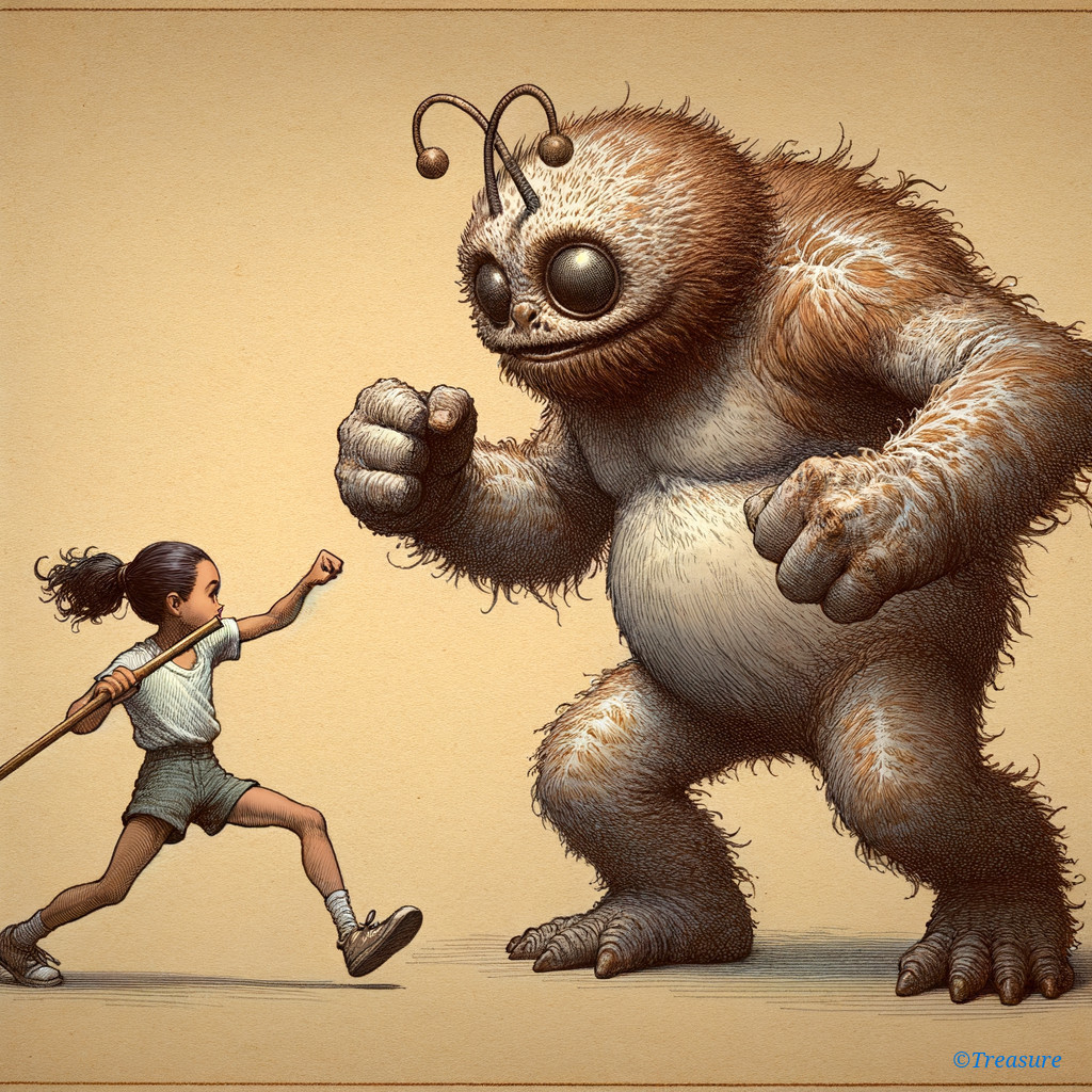 Young Girl Confronts Fluffy Monster in Playful Scene