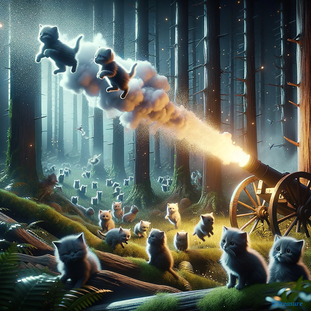Whimsical Forest with Kittens and Enchanting Atmosphere
