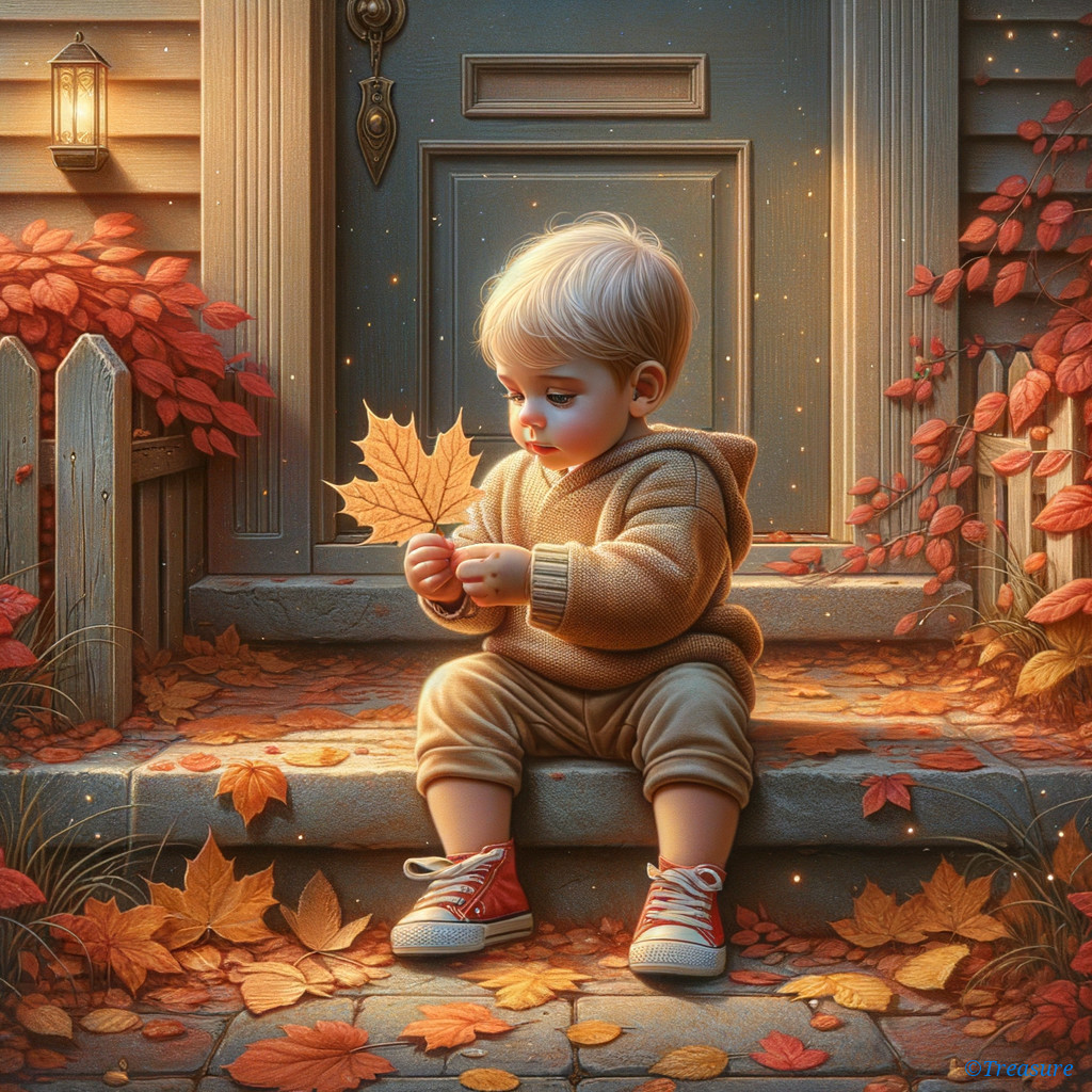 Child Examining Maple Leaf on Cozy House Steps