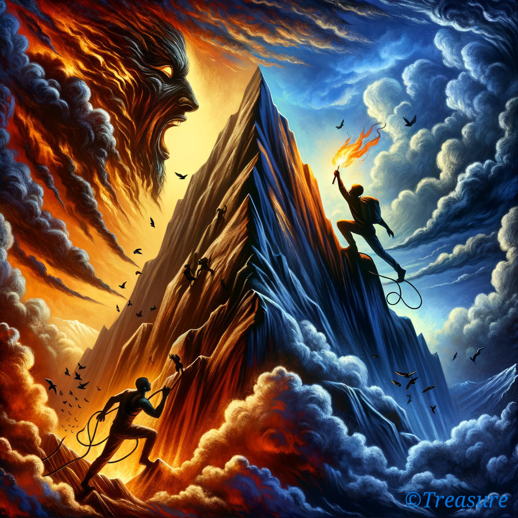 Climbers Ascend Jagged Mountain Under Dramatic Sky