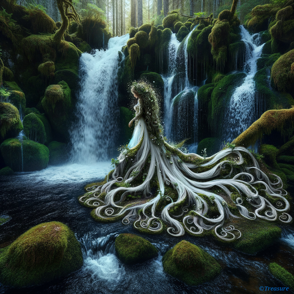 Mystical Figure by a Serene Waterfall in a Forest