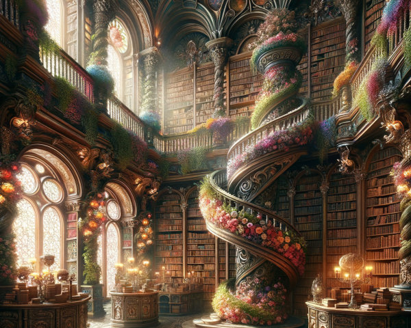 Magnificent library with flowers and grand staircase