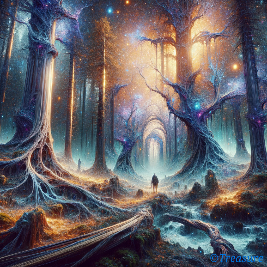 Luminous Trees in a Mystical Forest at Night