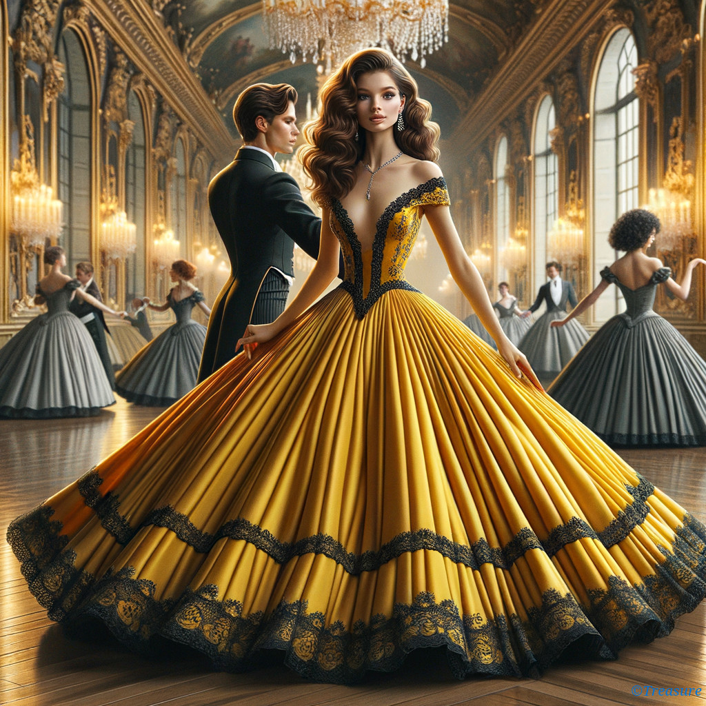 Elegant Ballroom with Woman in Yellow Gown and Lace