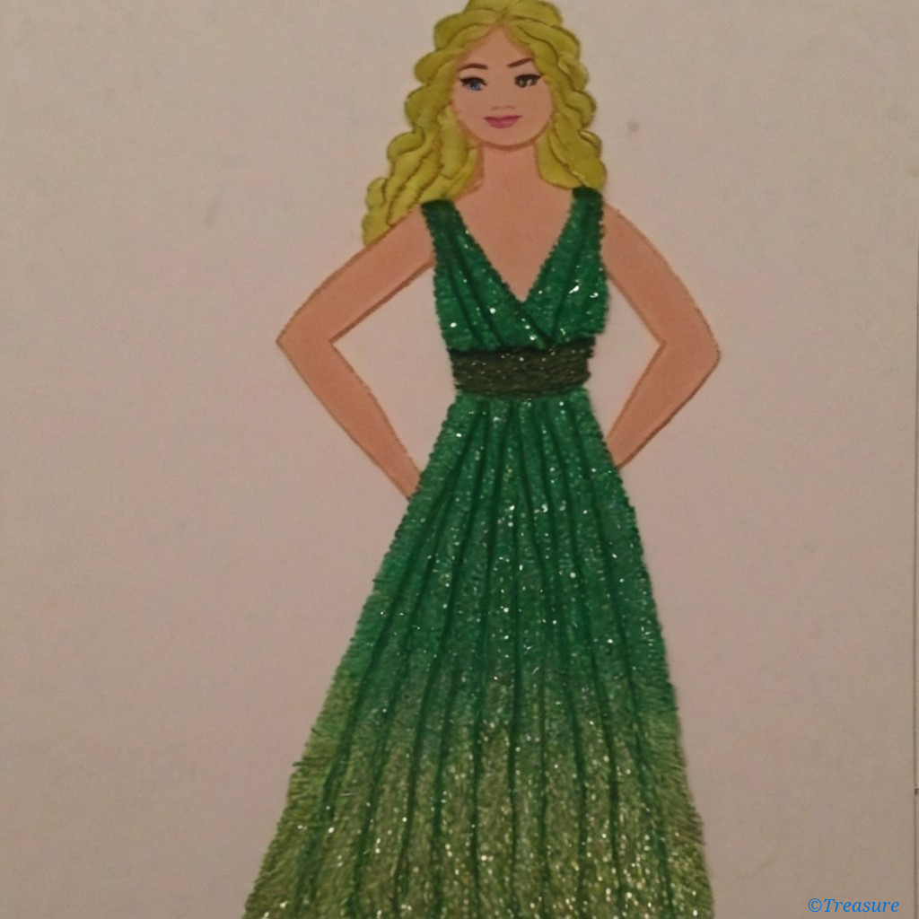 Fashion Illustration of a Woman in a Green Gown