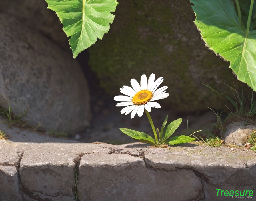 Solitary Daisy Blooms Among Rocks and Leaves