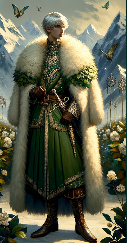 Silver-haired character in green fur cloak wields sword amid mountains and butterflies