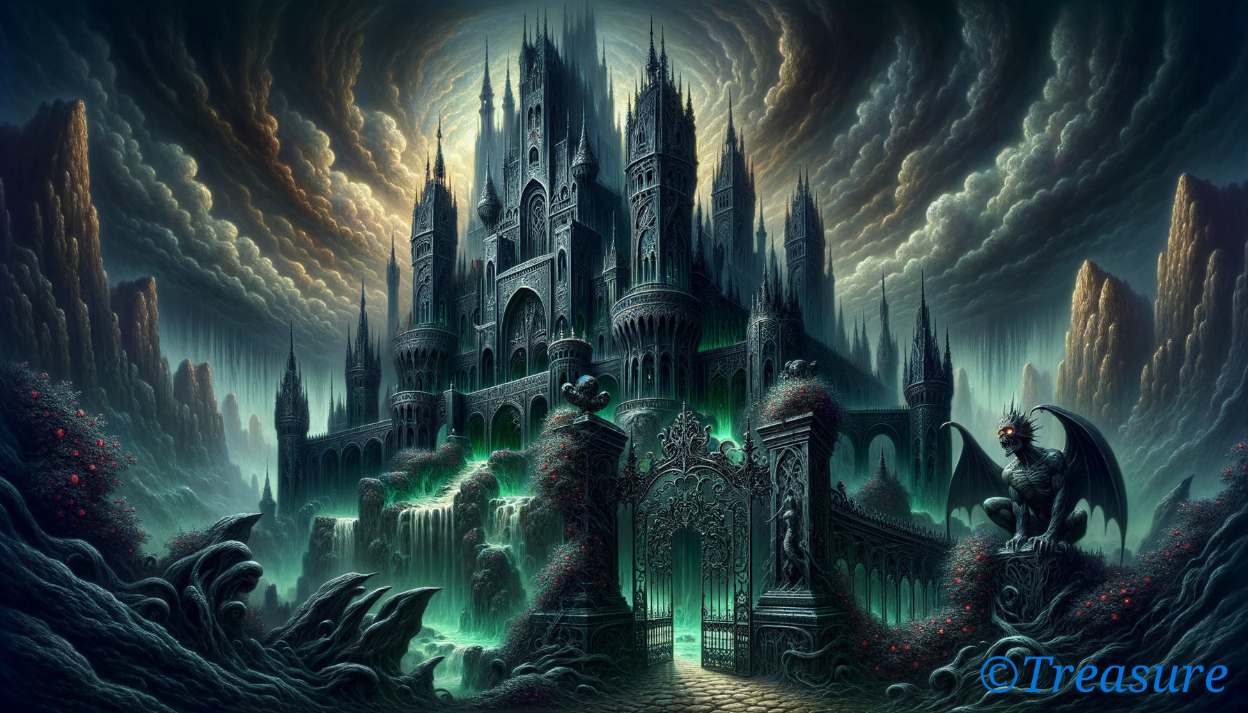 Gothic Castle with Dragon and Stormy Sea Illustration