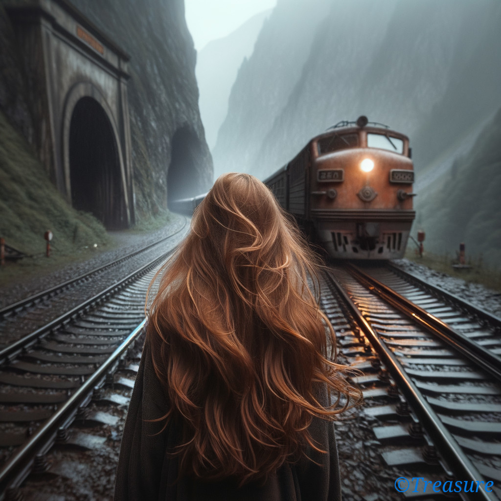 Figure with Long Hair Facing Vintage Train in Mist
