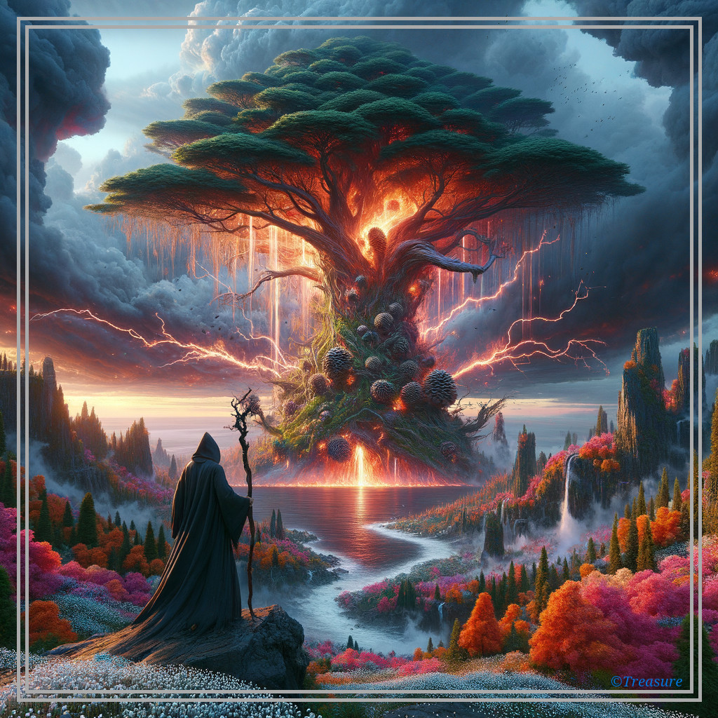 Majestic landscape with a luminescent tree and cloaked figure