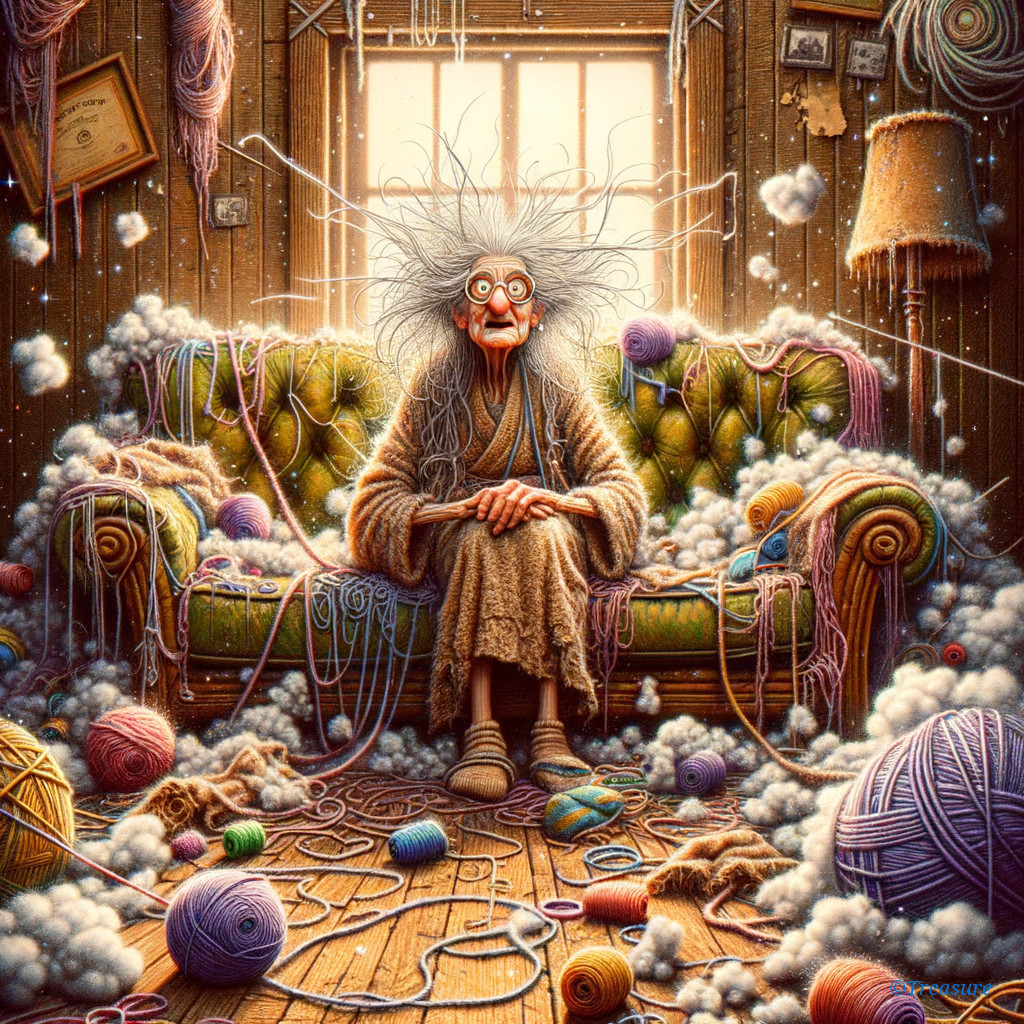 Elderly Woman in Whimsical Yarn-filled Room