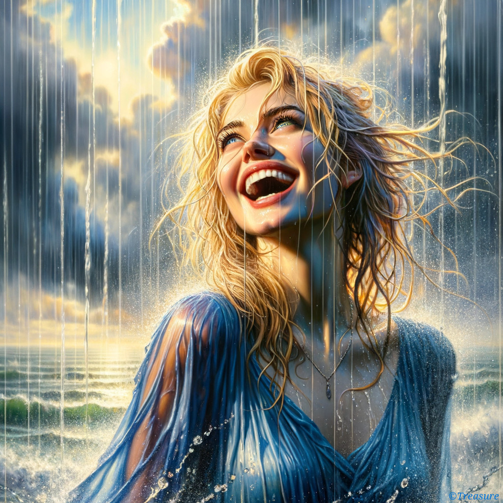 Joyful woman by cascading waterfalls in blue dress