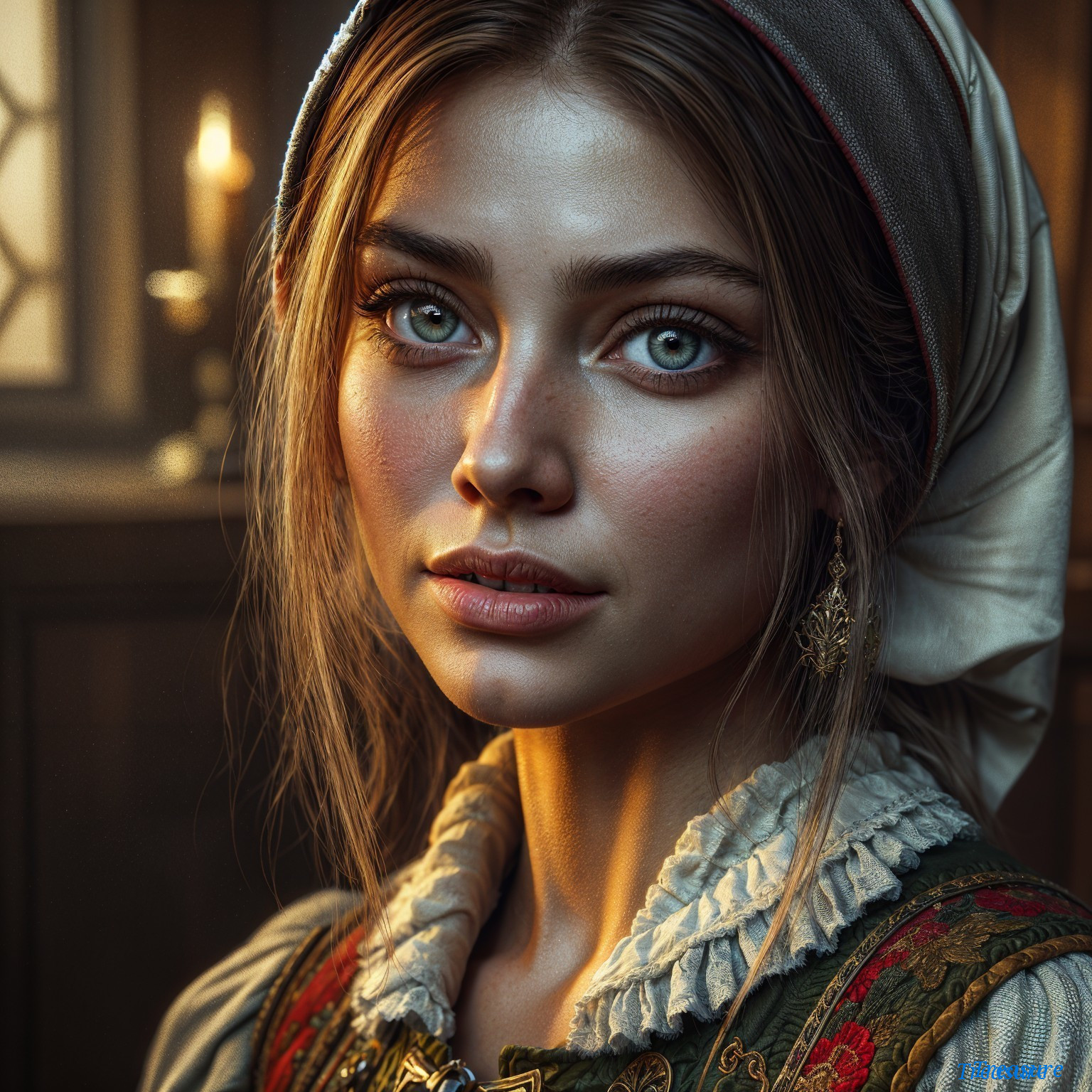 Young woman in historical garment with blue eyes