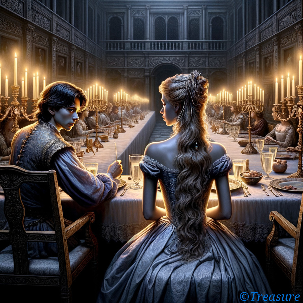 Elegant Feast in a Dimly Lit Grand Hall