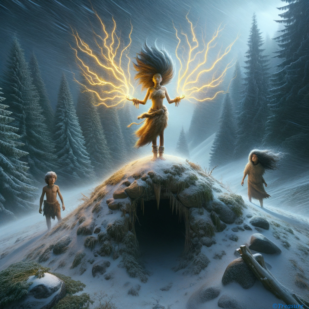 Powerful Figure Wielding Electric Bolts in Snowy Landscape