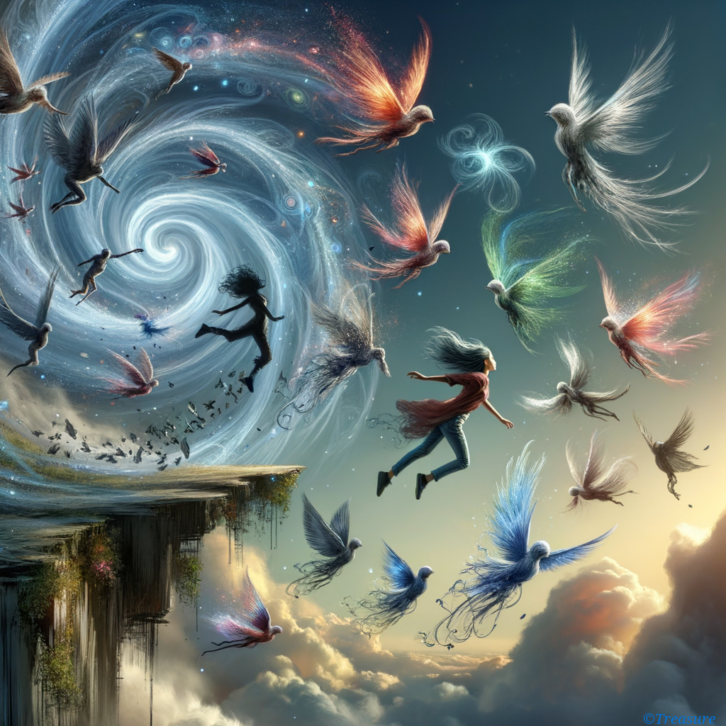 Girl at Cliff Edge with Colorful Vortex and Birds