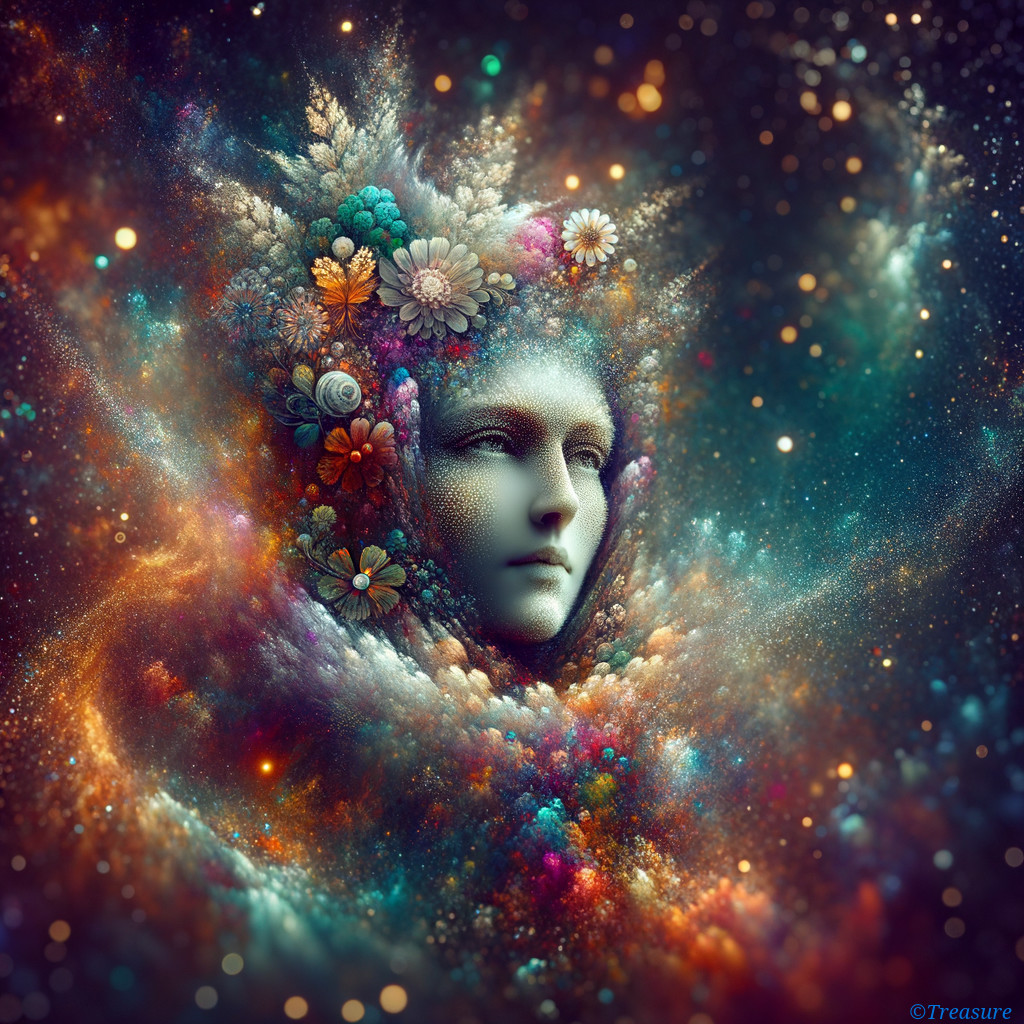 Ethereal face in vibrant cosmic and floral backdrop