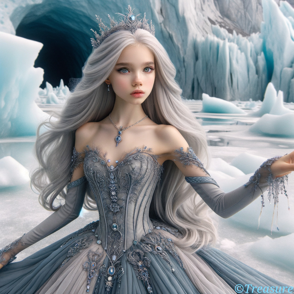 Young woman in silver gown in icy landscape