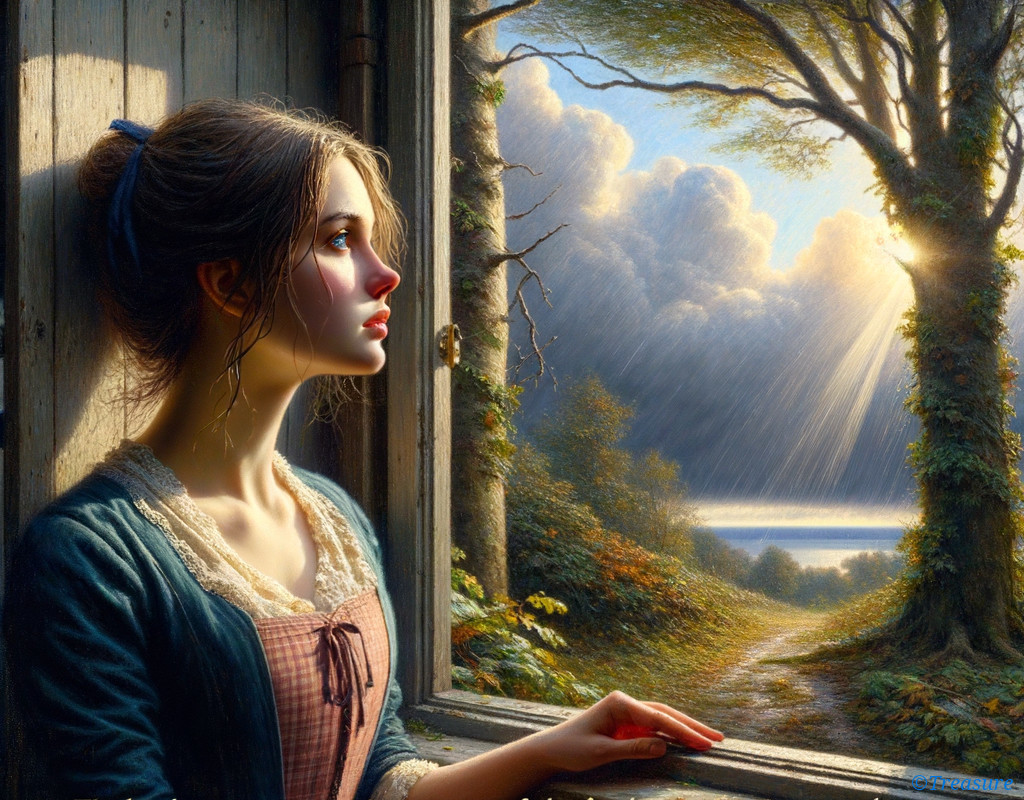 Young Woman Contemplating by Rustic Window Light