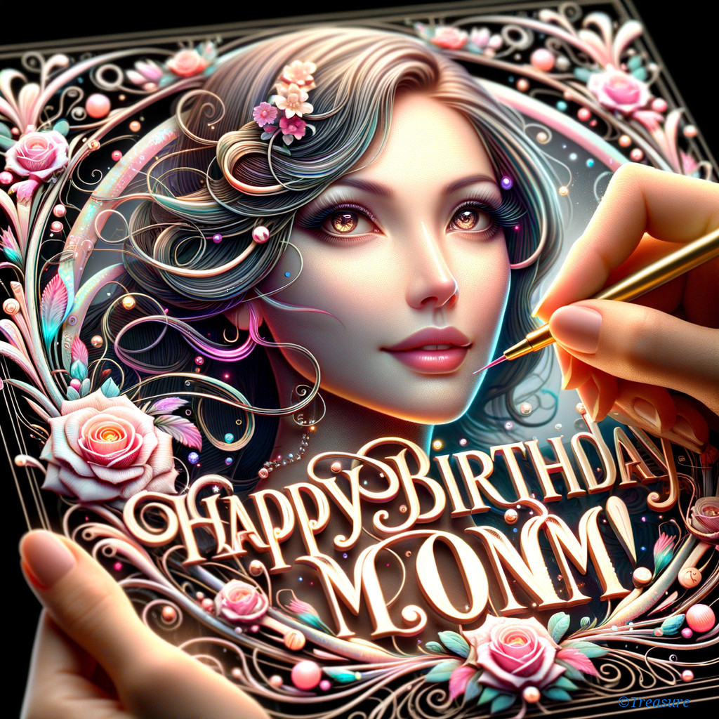 Illustrated Birthday Card with Floral Designs and Portrait