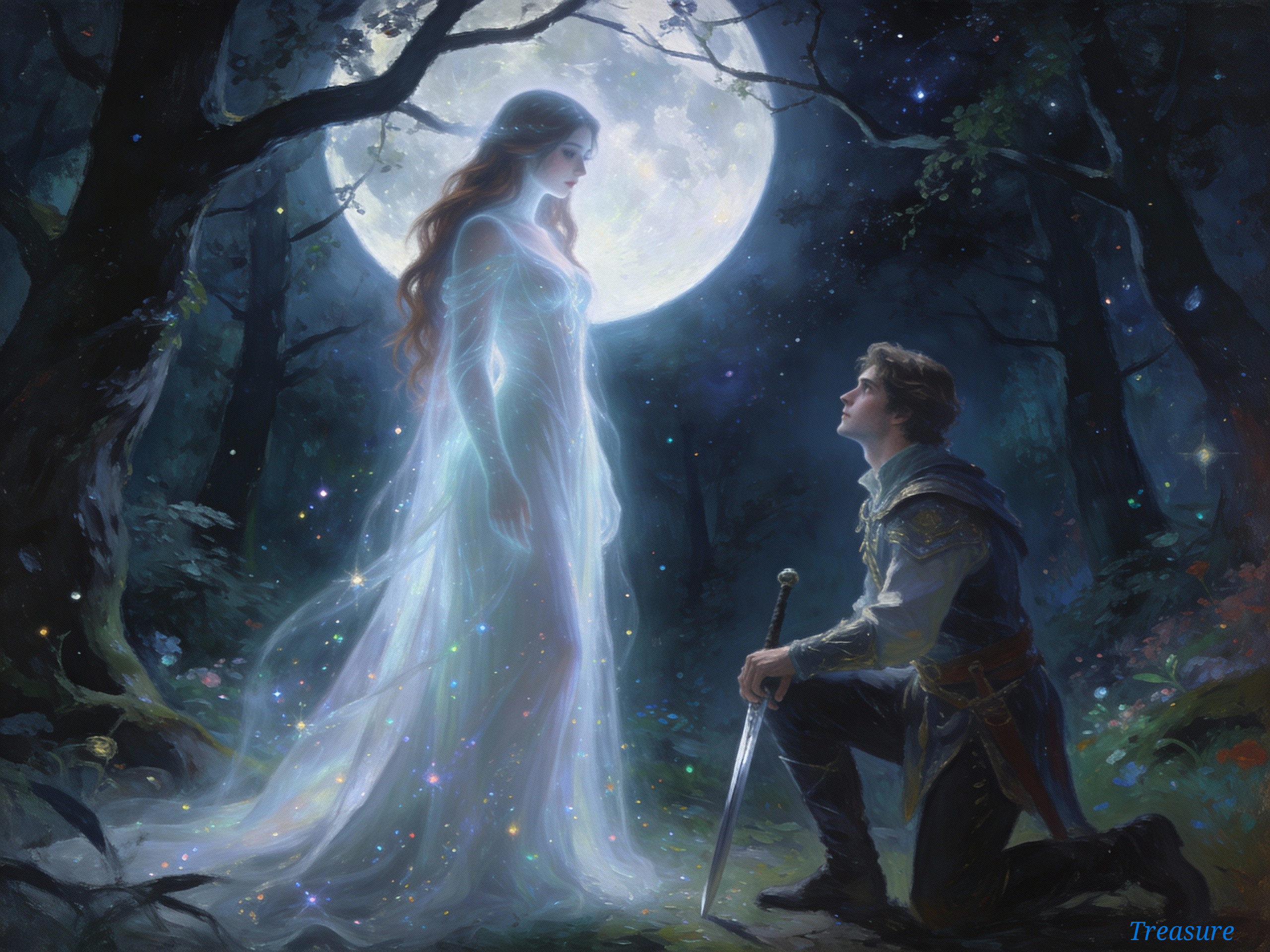 Magical Night Scene in a Fantasy Forest Painting