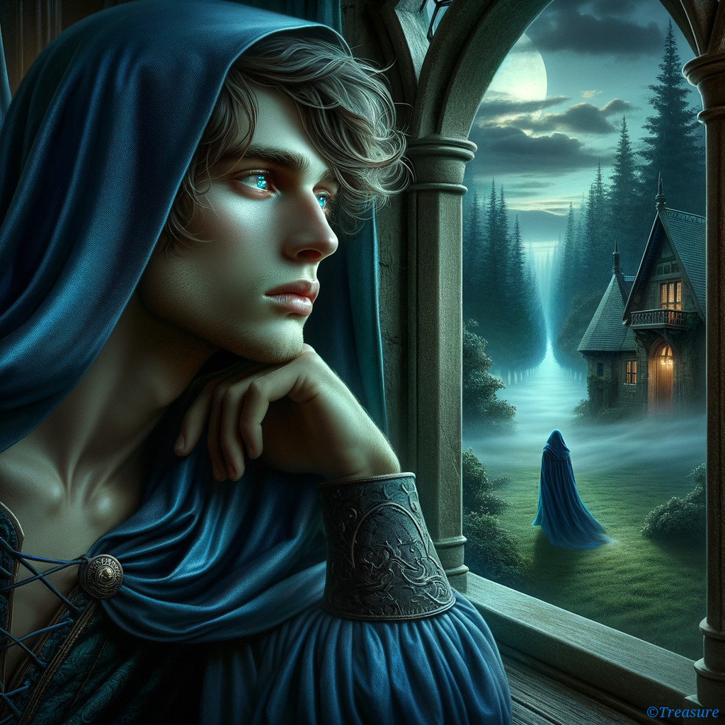 Young man in cloak gazes from gothic window at night
