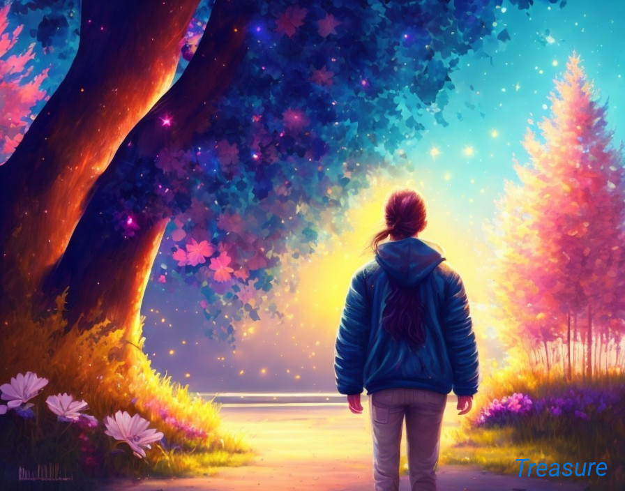 Person in Blue Jacket in Colorful Forest Scene