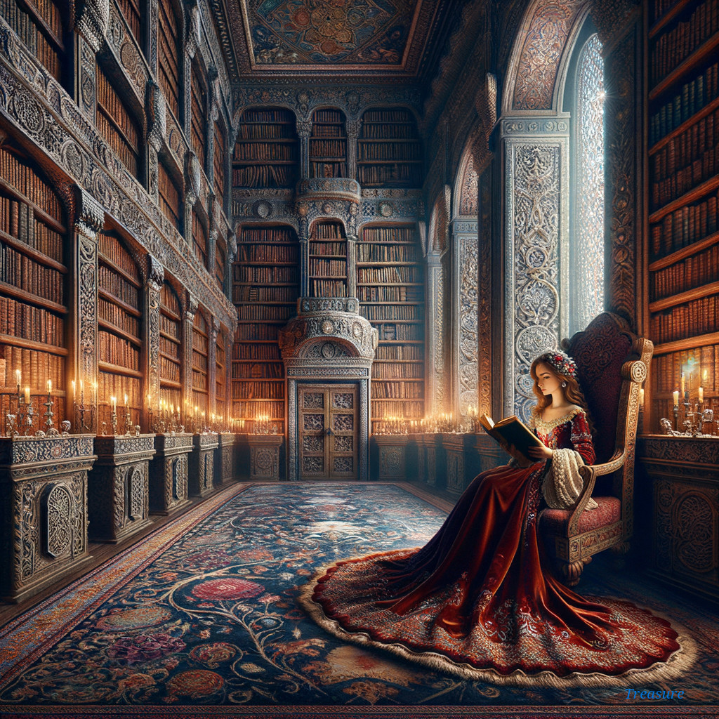 Young woman in red gown reading in grand library
