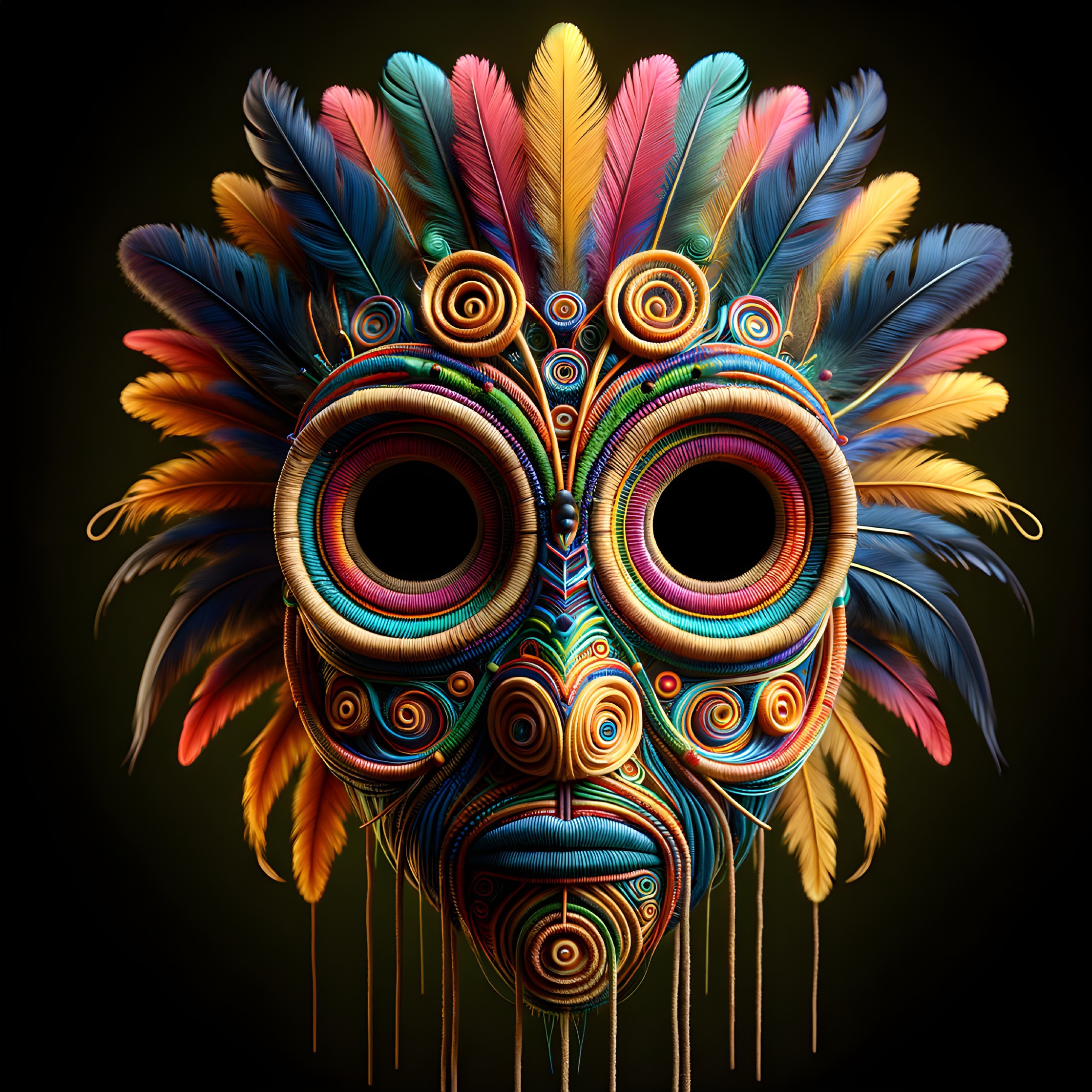 Colorful mask digital art with intricate patterns and feathers on dark background
