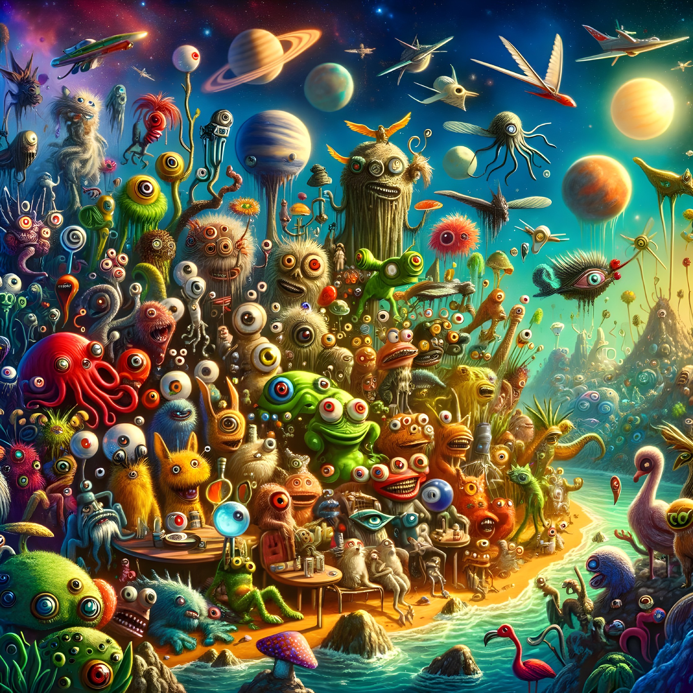 Colorful Creatures in Fantastical Space Landscape