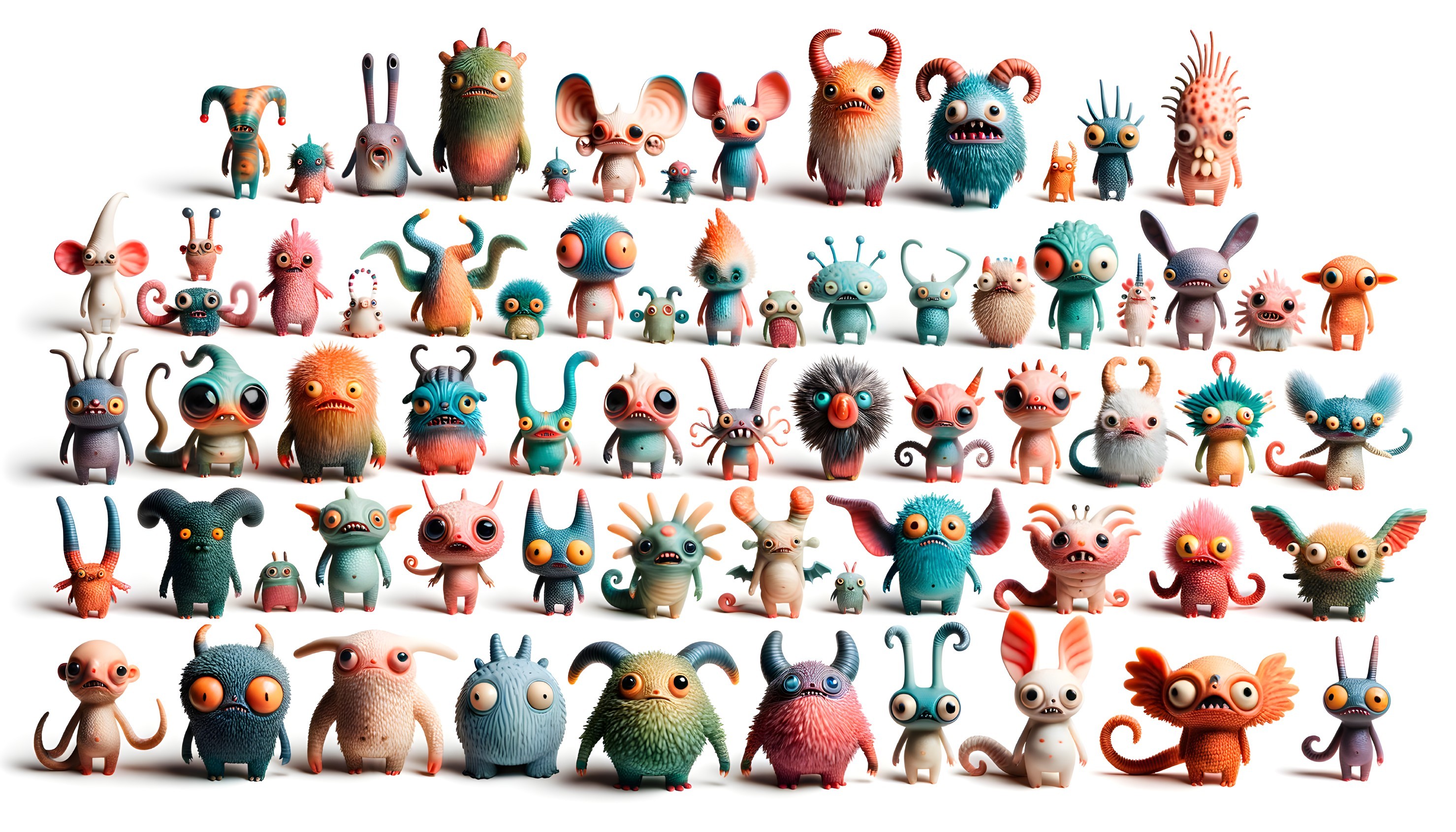 Colorful Cartoon Creatures with Unique Features Displayed in Rows
