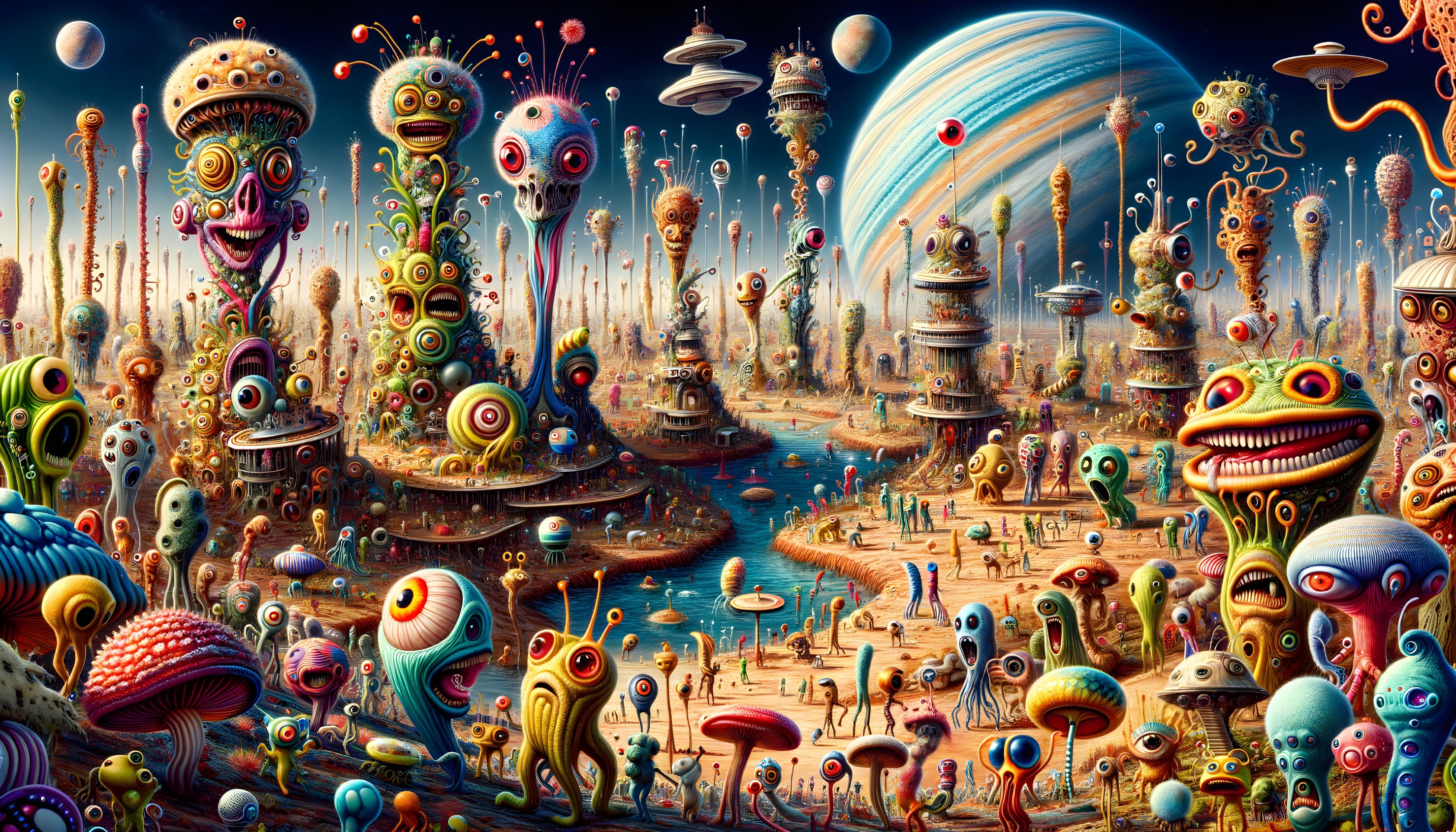 Colorful surreal landscape with whimsical creatures and floating islands.