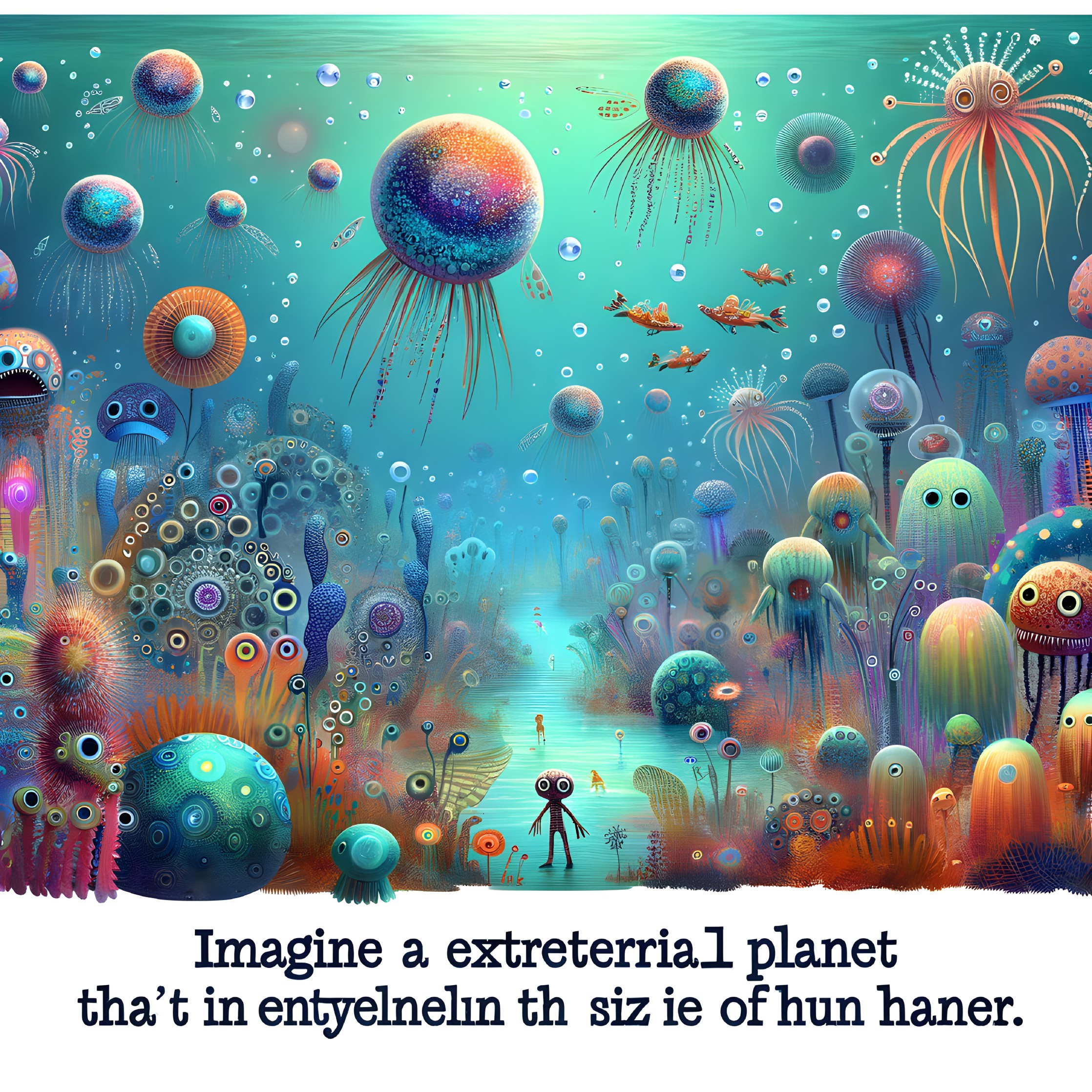 Colorful Abstract Underwater Scene on Alien Planet with Diverse Life Forms