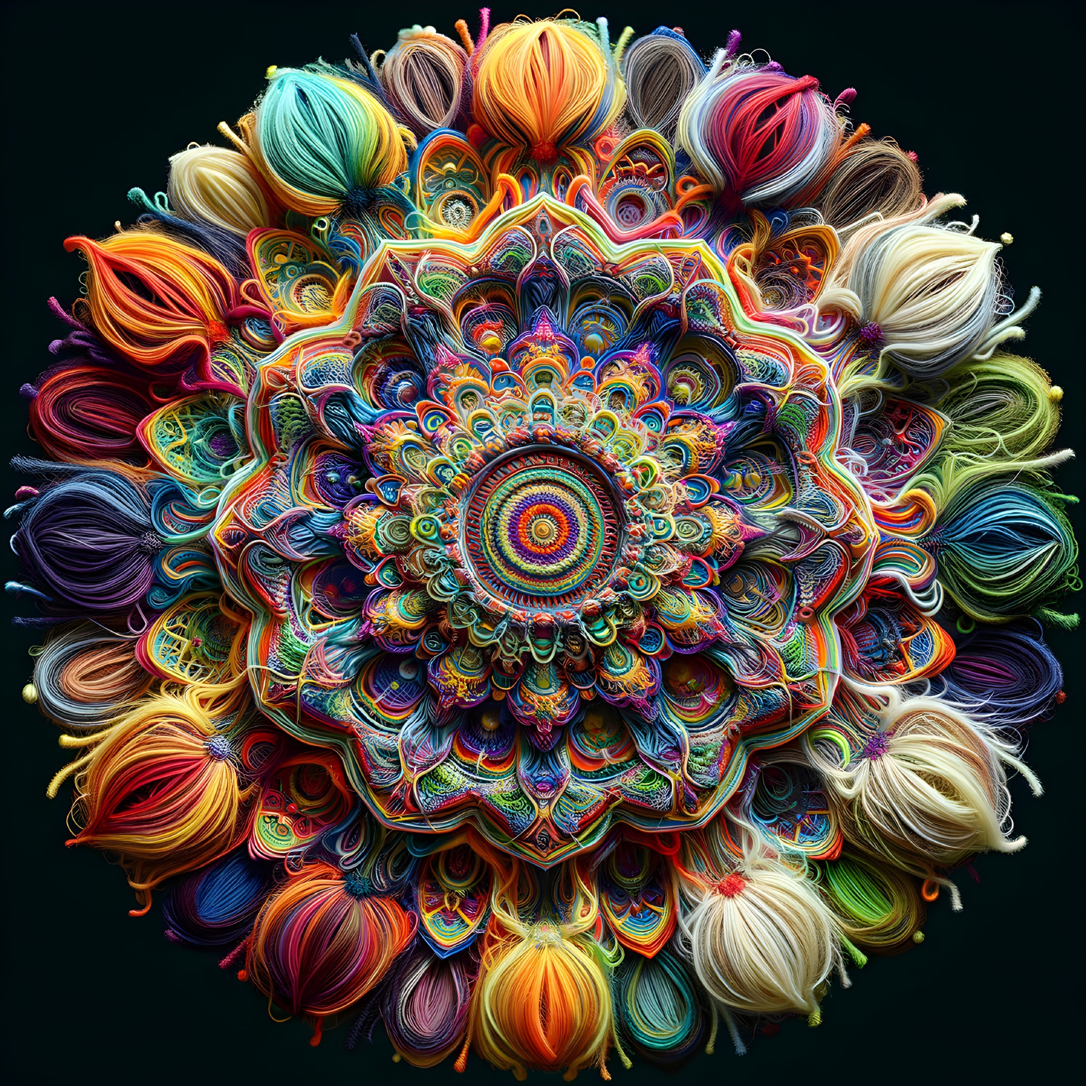 Colorful Thread Spools Arranged in Mandala Pattern