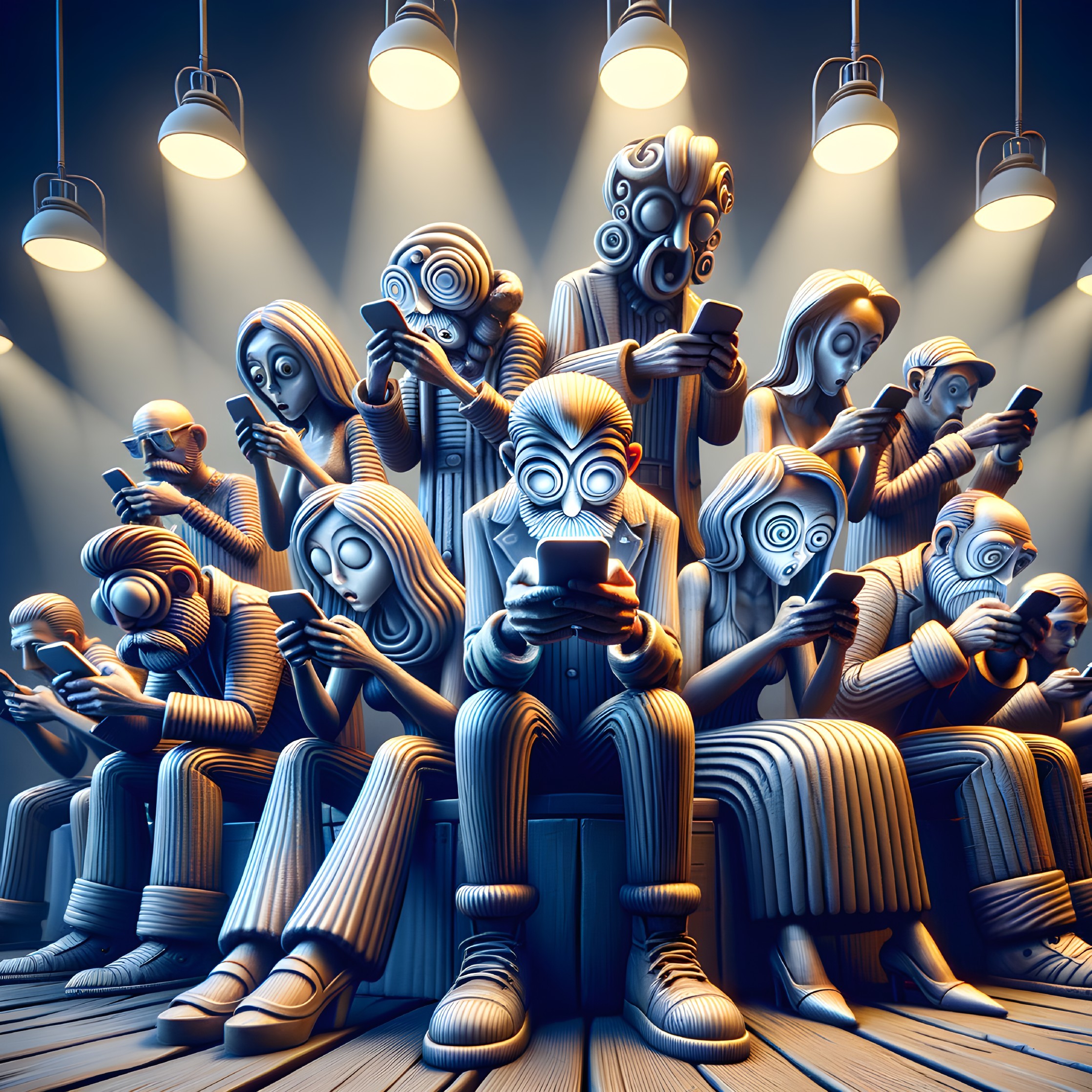 Surreal humanoid figures in swirl patterns on phones under spotlights