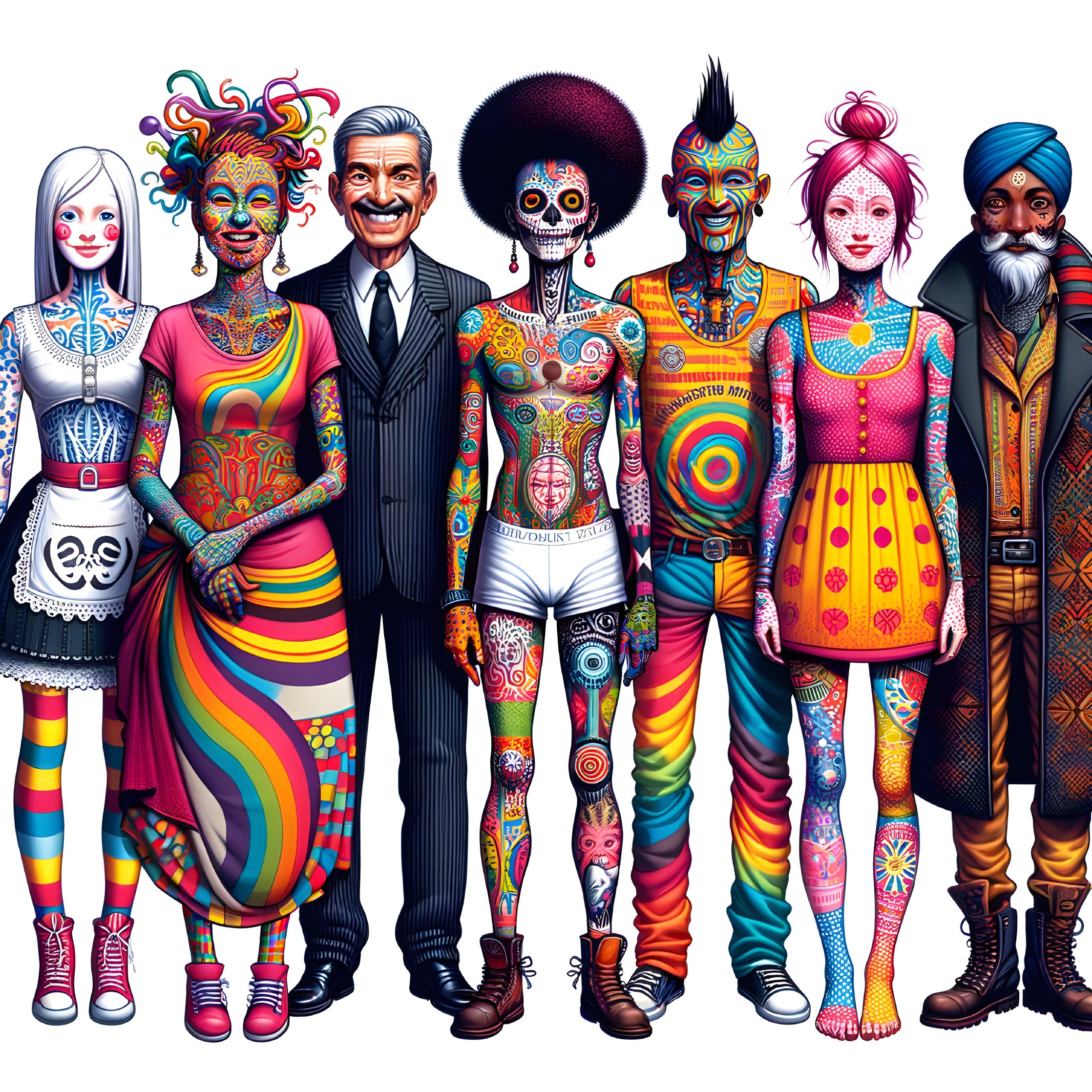Seven diverse characters in cultural attire with rich tattoos standing in a row