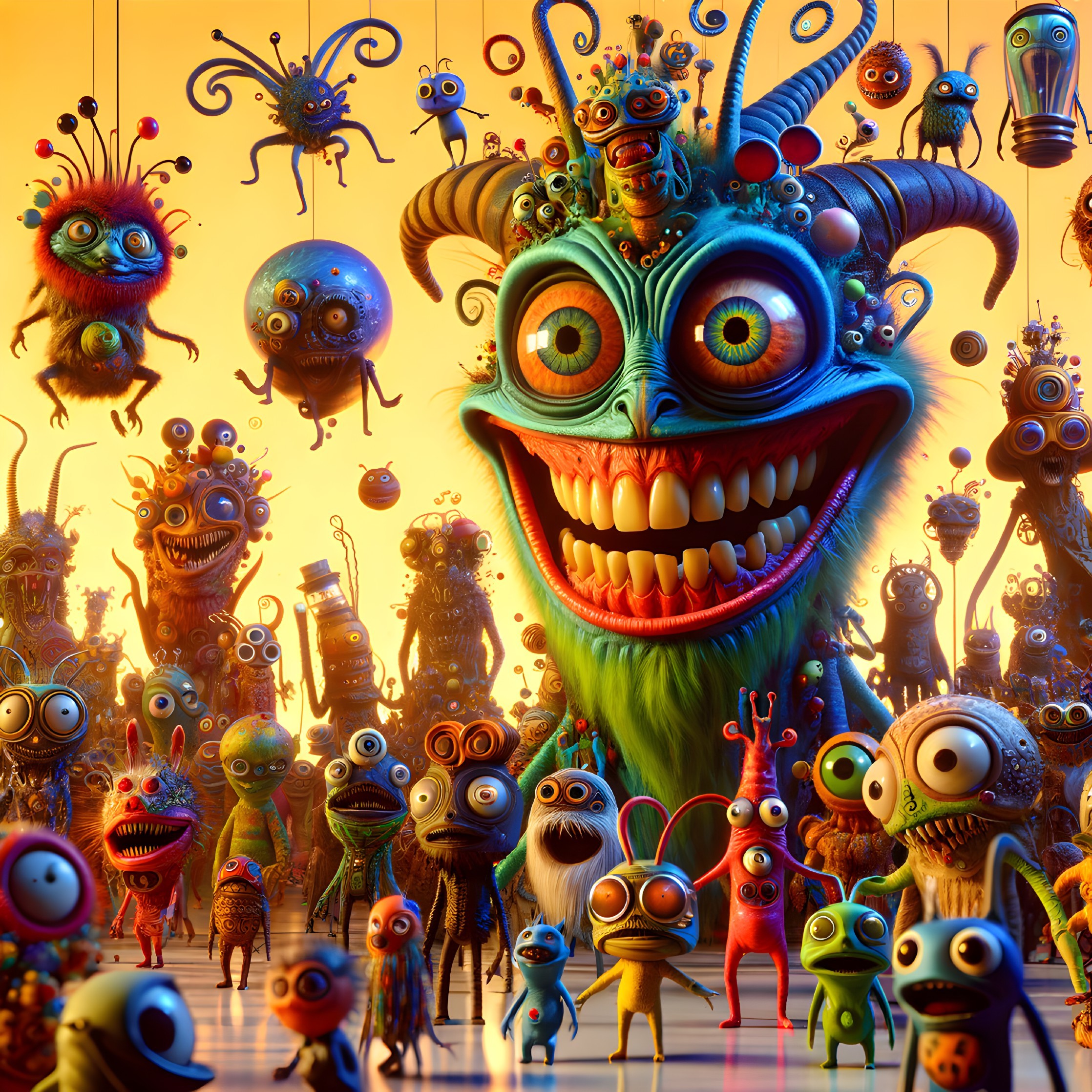 Whimsical, colorful creatures in vibrant scene