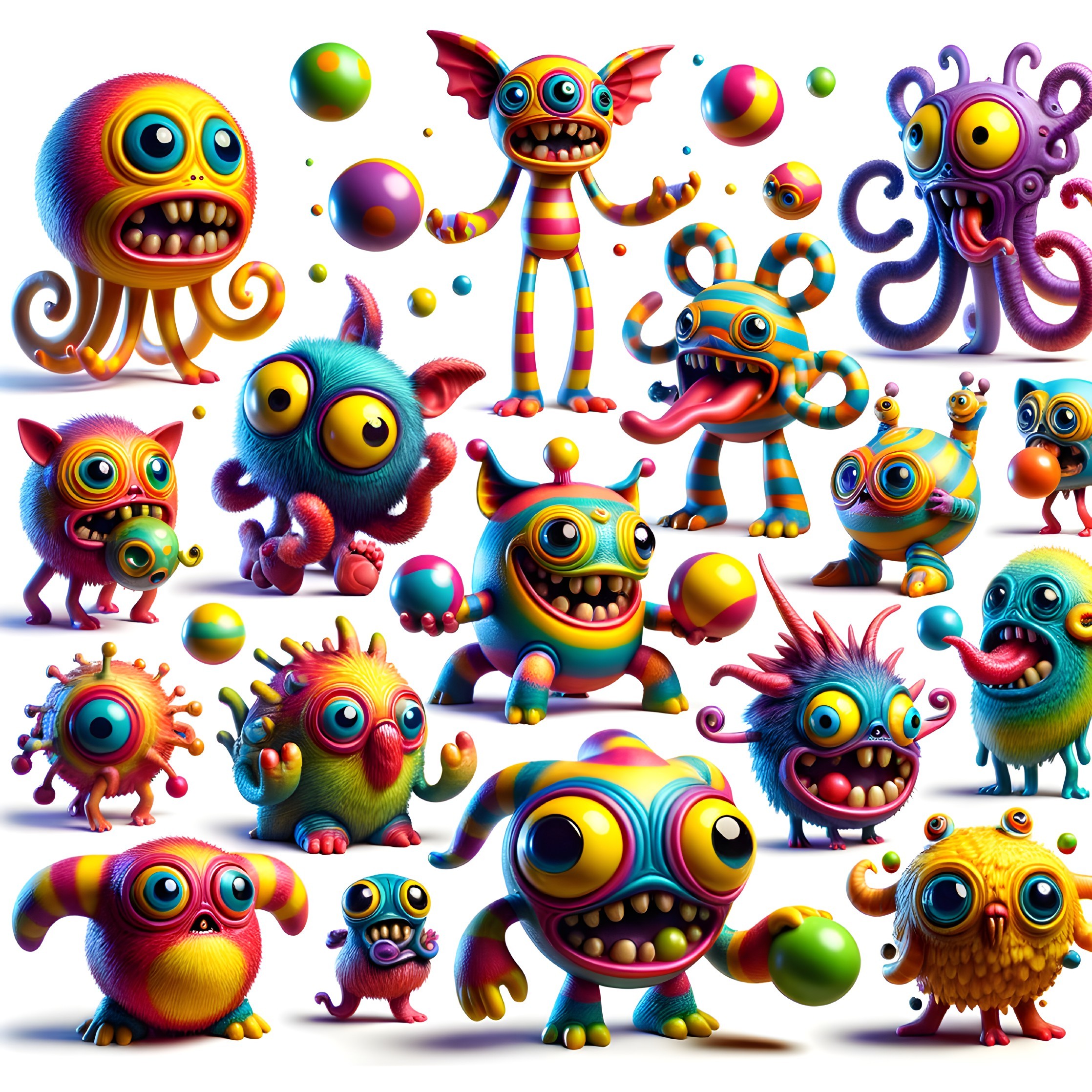 Colorful Cartoonish Monsters Interacting with Spheres