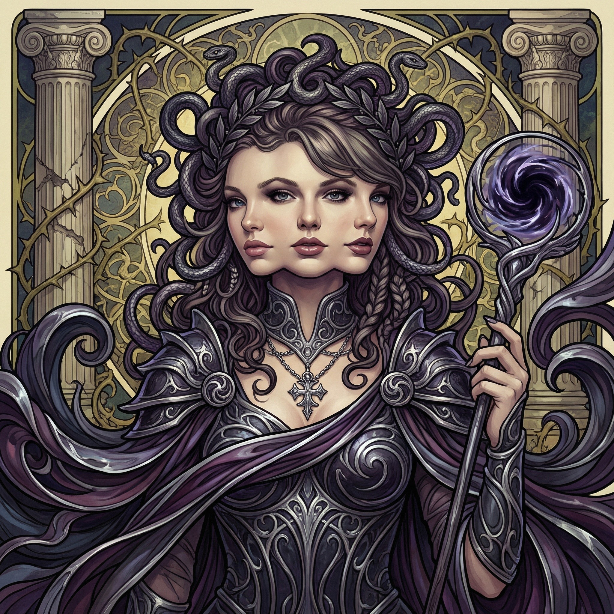 Portrait of a goddess with three faces and armor