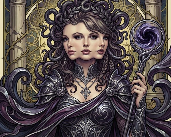 Portrait of a goddess with three faces and armor