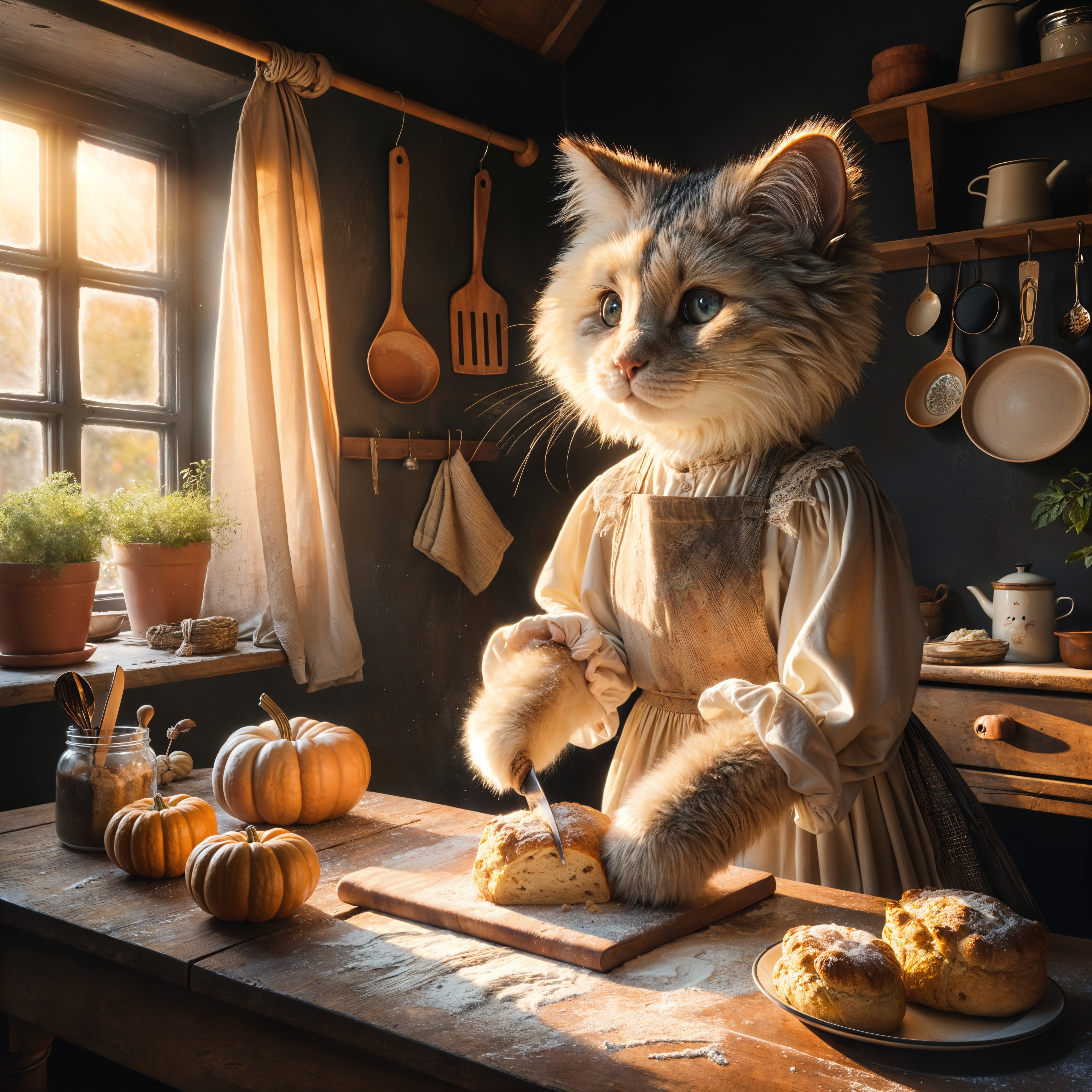 Anthropomorphic Cat Slicing Bread in Rustic Kitchen