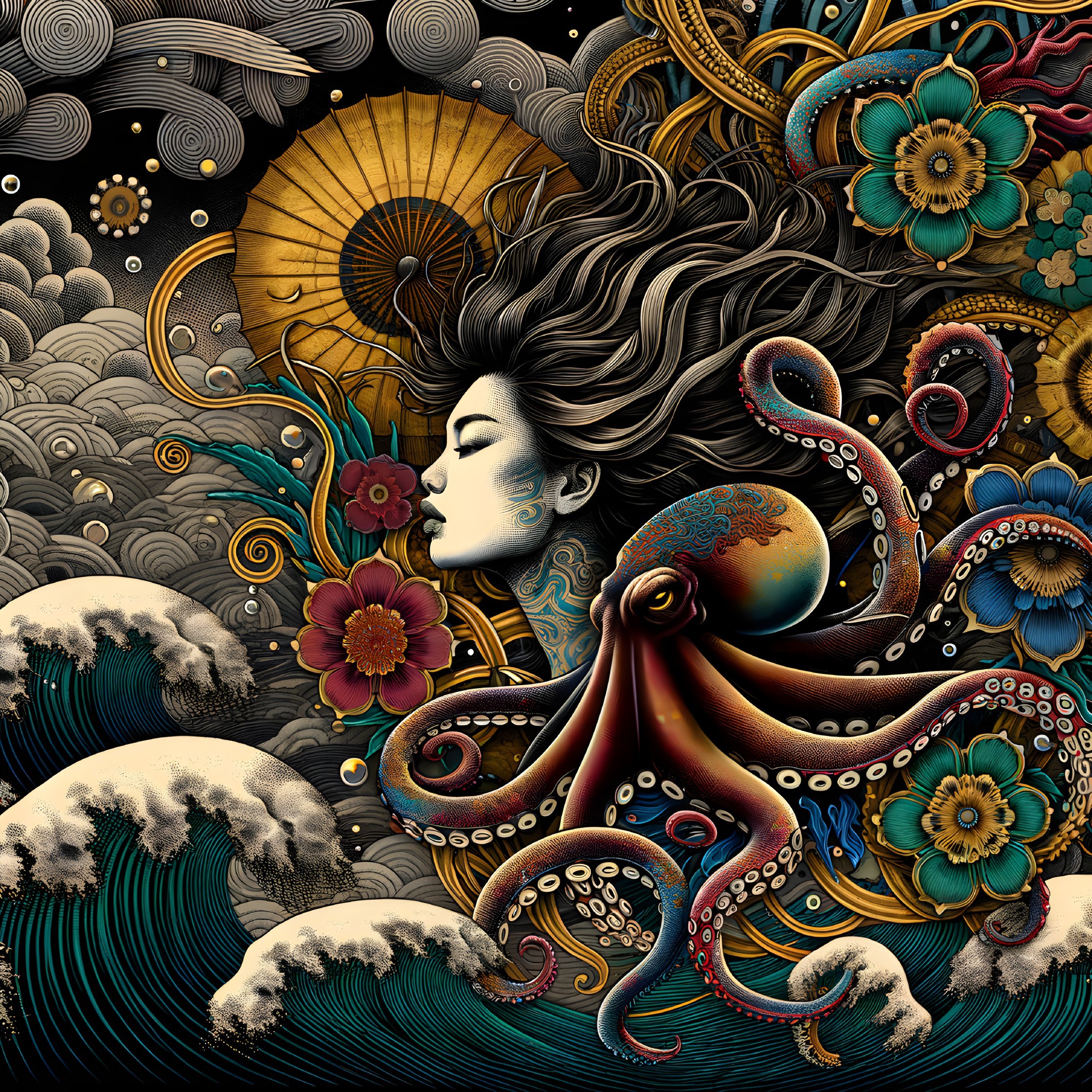 Serene Woman Surrounded by Flowers and Octopus Design
