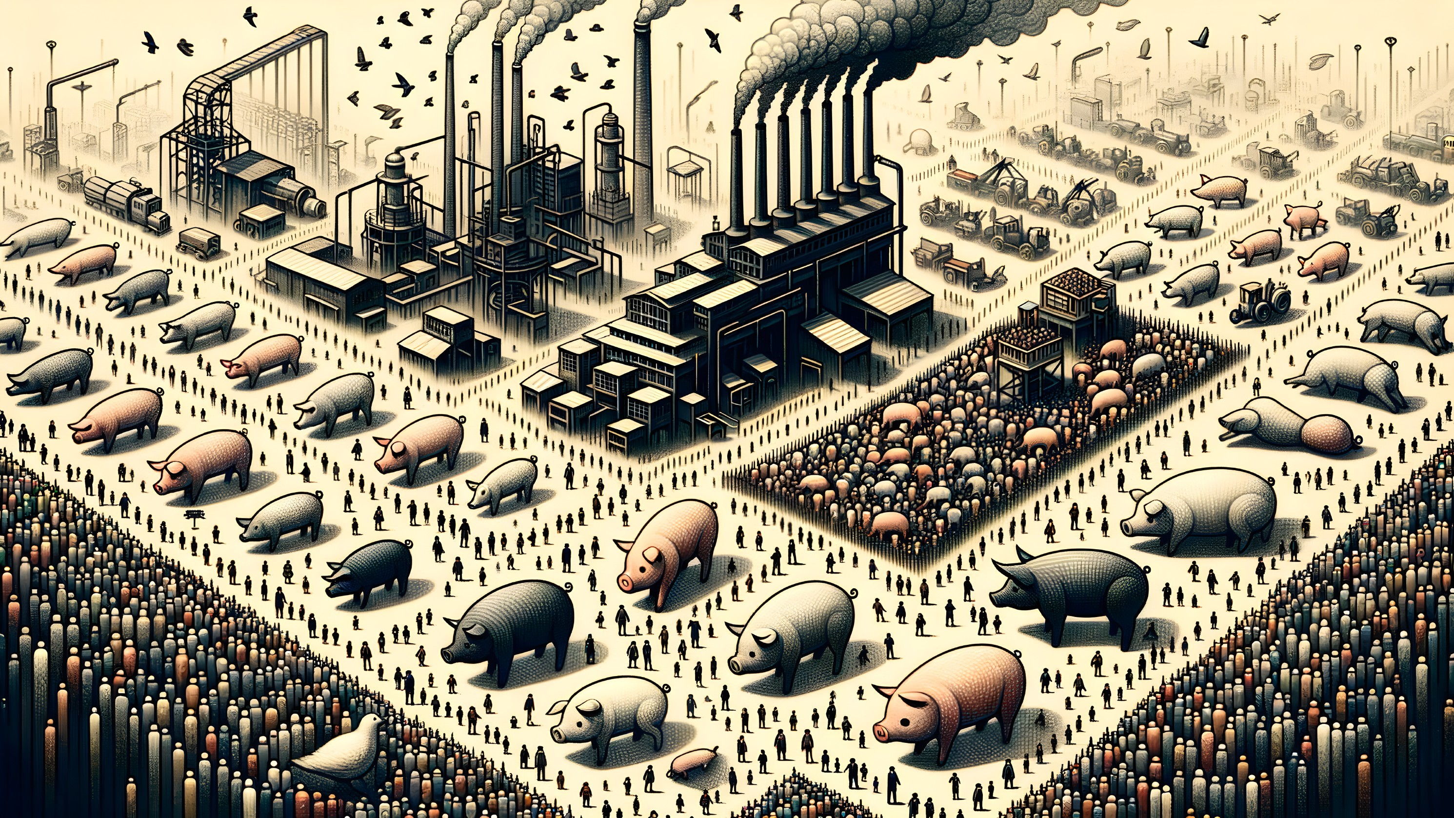 Surreal Industrial Landscape with Factories and Pigs