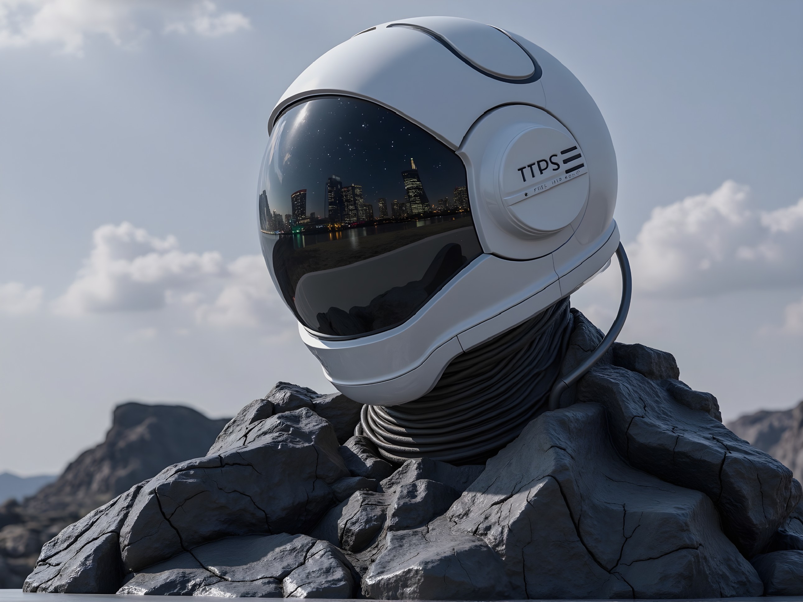 Futuristic Astronaut Helmet on Rugged Rock Formation