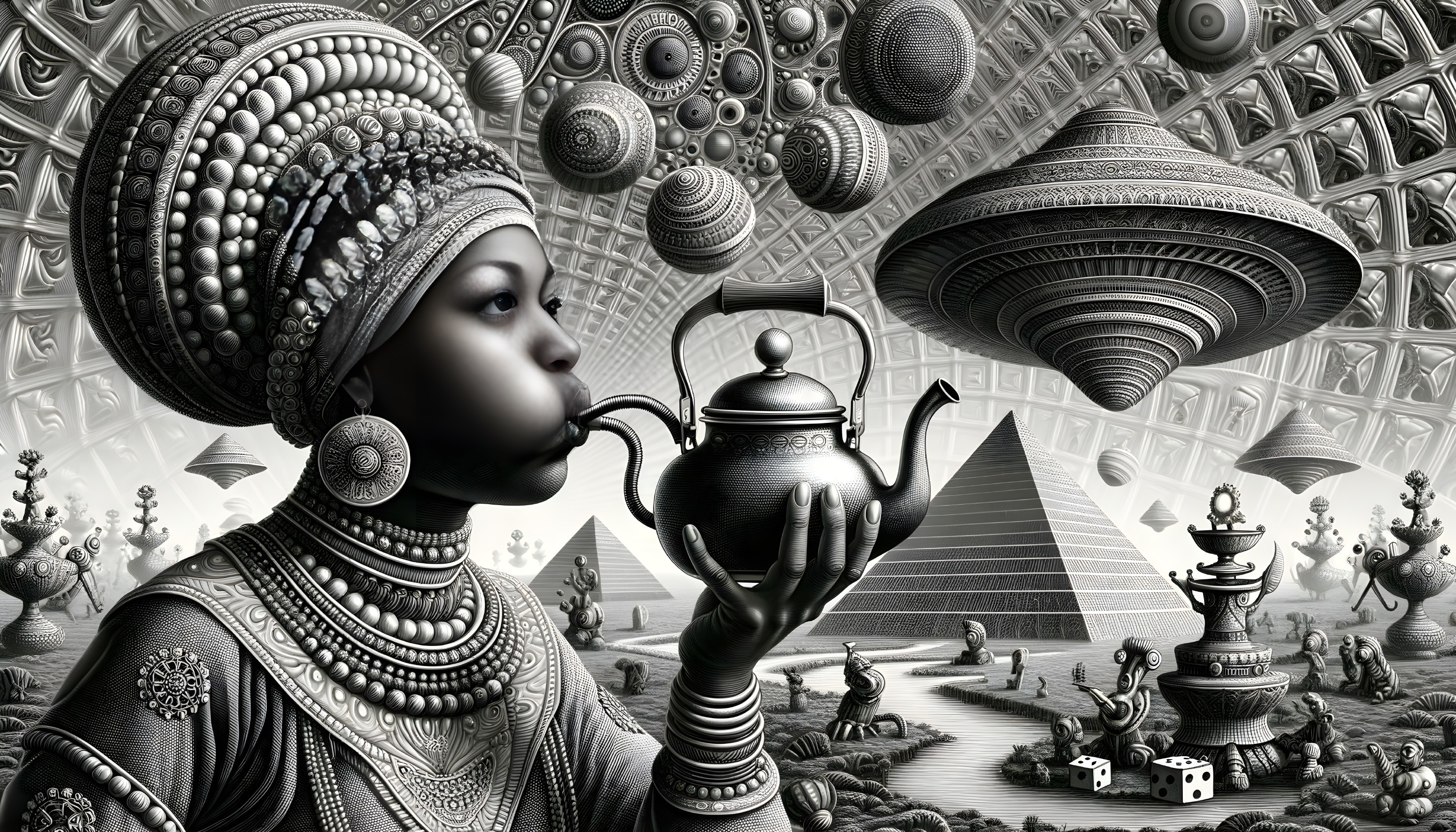 Surreal Monochromatic Scene with Intricate Patterns