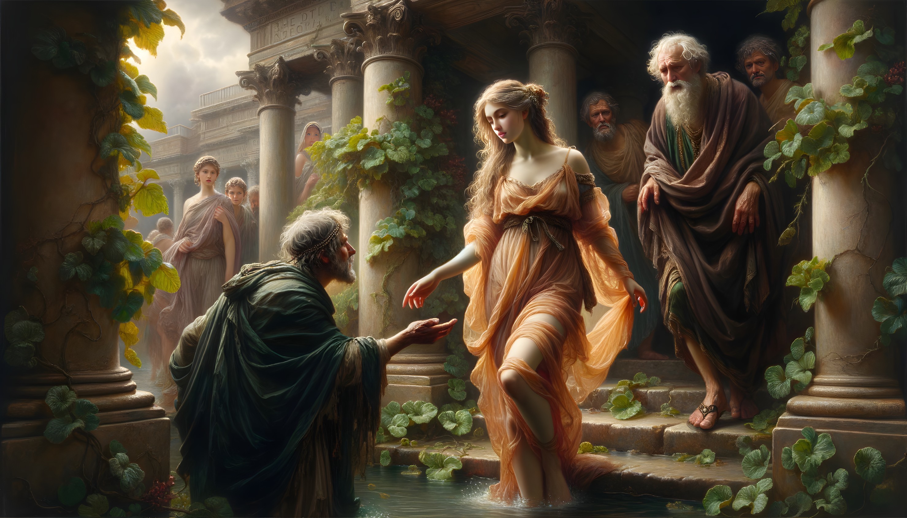 Graceful Woman in Orange Gown by Tranquil Pool